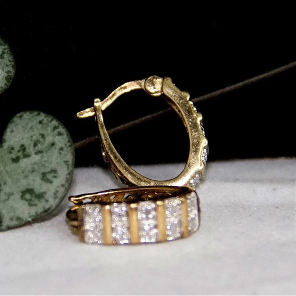 925 Sterling Silver 14k Gold Tone Filigree Pave CZ Huggie Hoop Earrings China - Picture 3 of 8